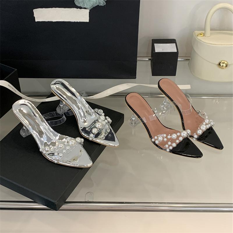 Eilyken New Summer Pointed Toe Crystal High Heels Women Slippers PVC Transparent Pearl Banquet Party Slide Shoes