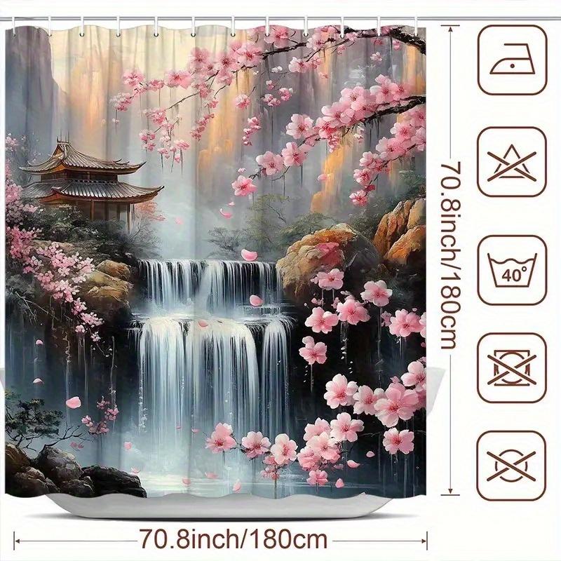 1Pc Mountain Waterfall Cherry Blossom Floral Print Shower Curtain With 12 Hooks - Machine Washable Polyester Fabric, Serene Land