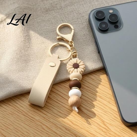 Decorative Handbag Charm Silicone Flower Keychain with Faux Leather Wristlet Car Key Ring Pendant Pendant Backpack Wood Beads Women