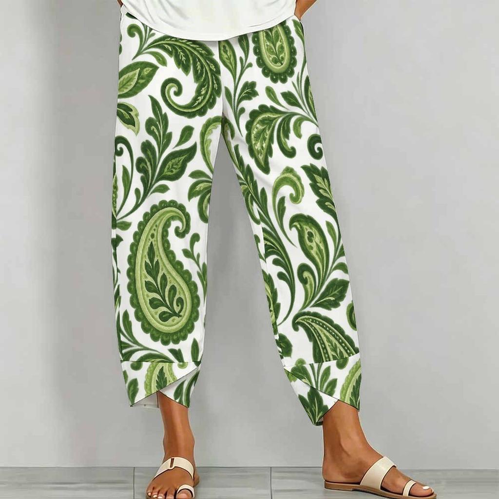 Women Plus Size Navy Blue Floral Paisley Printed Loose Cross Hem Cropped Pants With Pockets