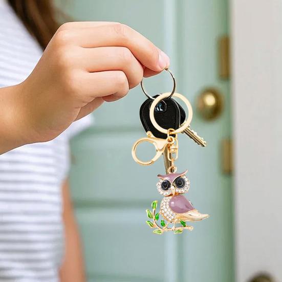 Owl-Shaped Keychain with Enamel Accents Sparkling Rhinestone Car Key Ring for Women Wisdom Symbol Pendant for Bags Keys