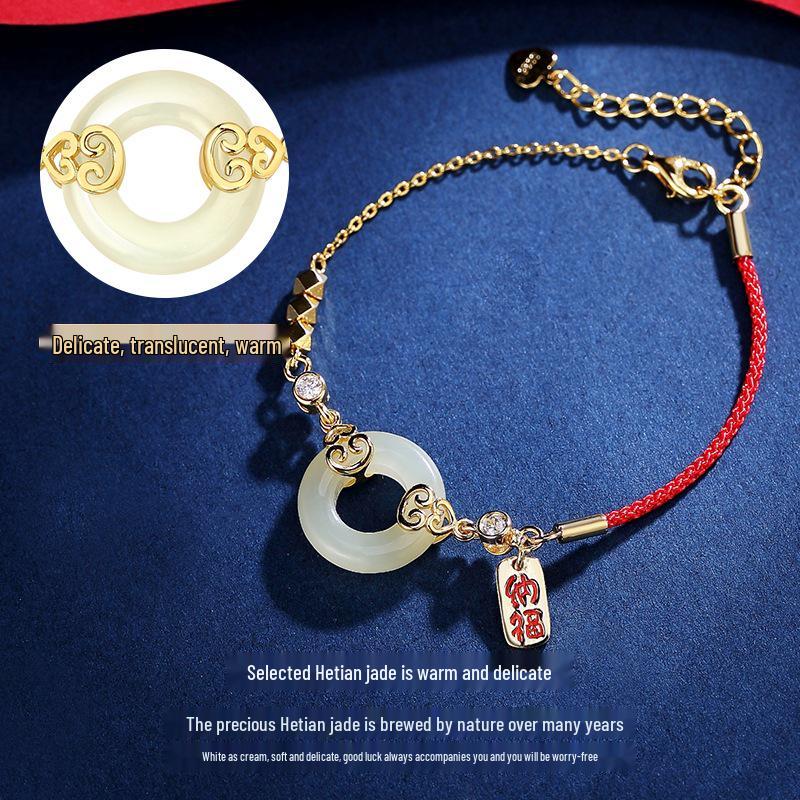 National Trend Hetian Jade Gourd Bracelet with S925 Sterling Silver Chinese Peace Blessing, Ancient Style Red Rope Jewelry
