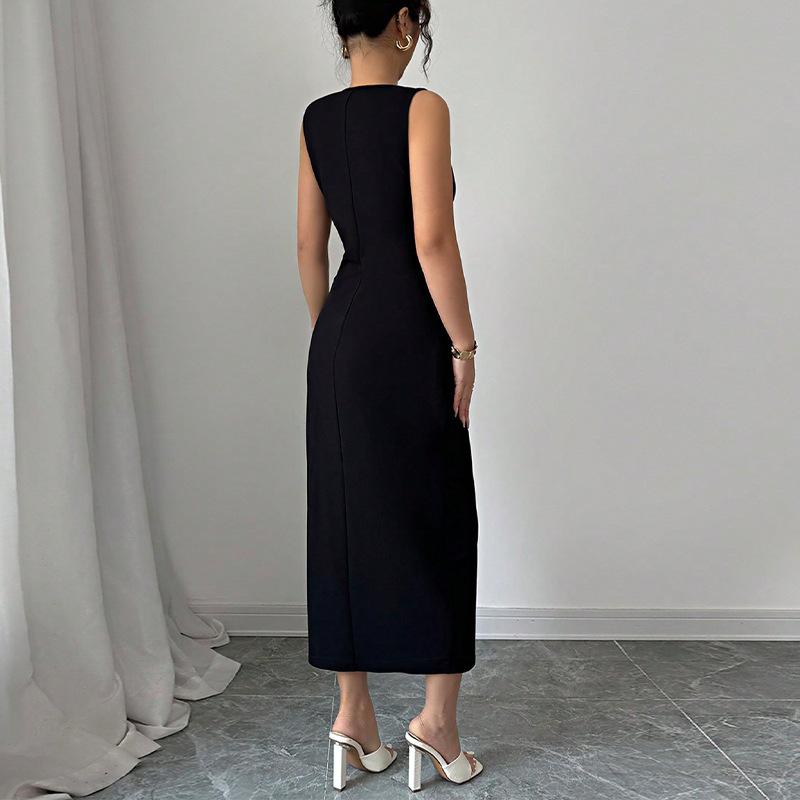 Women's Black Maxi Dresses 2025 Spring Summer Fashionable Sexy Bow Round Neck Side Slit Slimming Sleeveless Tight Party Dress