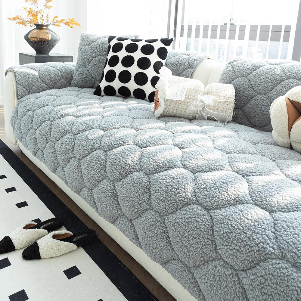 Winter Plush Sofa Cushion Grid Pattern Batted Sofa Pad Non-Slip Home Protection Sofa Cover for Living Room, Office