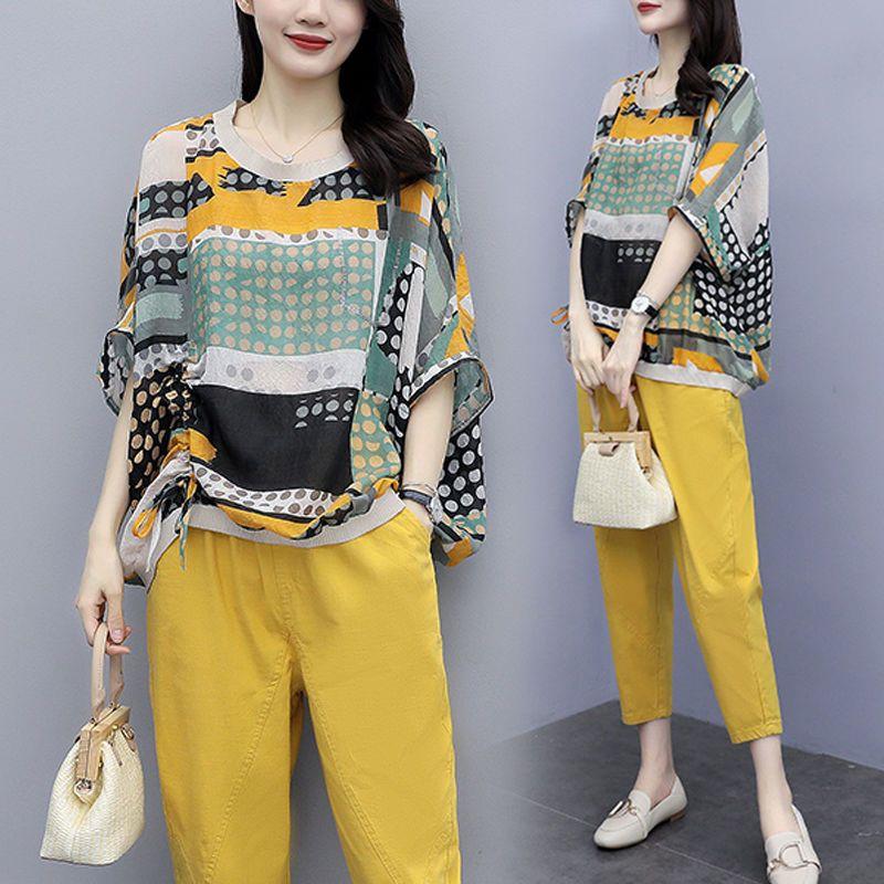 

Женские комплекты из 2 предметов: повседневные топы и брюки, летний простой стиль, винтажная вышивка, свободный женский костюм S жёлтый