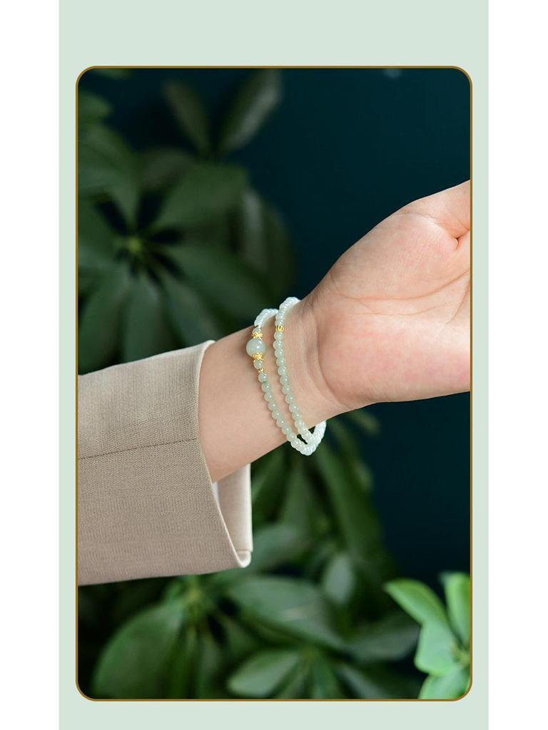 Fresh Hetian Jade & 925 Silver Double Circle Bracelet with Luck Beads