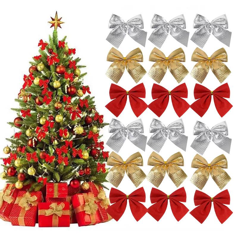 Gold Red Silver Christmas Bowknots Mini Bows Decorative Ornaments for Christmas Tree Wreath DIY Gift Wrapping Home Decor