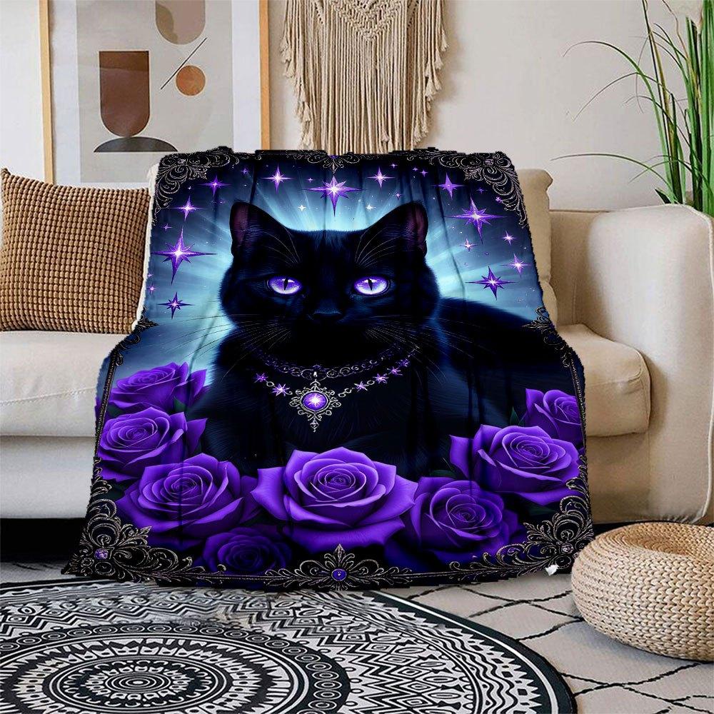 Enchanted Purple Rose & Black Cat Wall Art Print Blanket Flannel Throw Blanket for Sofa, Bed, Travel, Camping, Office 100x150cm