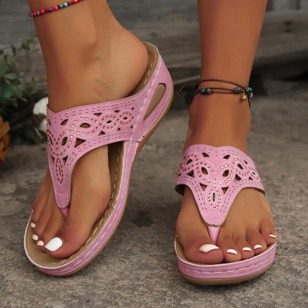 New Sandals Large Size Hollow Rhinestone Thick Bottom Toe Cool Slippers Women