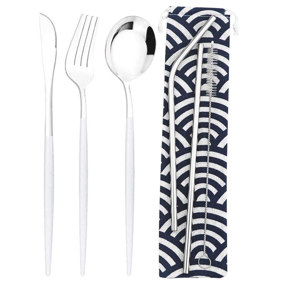 6Pcs Travel Camping Cutlery Set Travel Flatware Set Knife Fork Spoon Straw With Portable Bag Stainless Steel Tableware Set