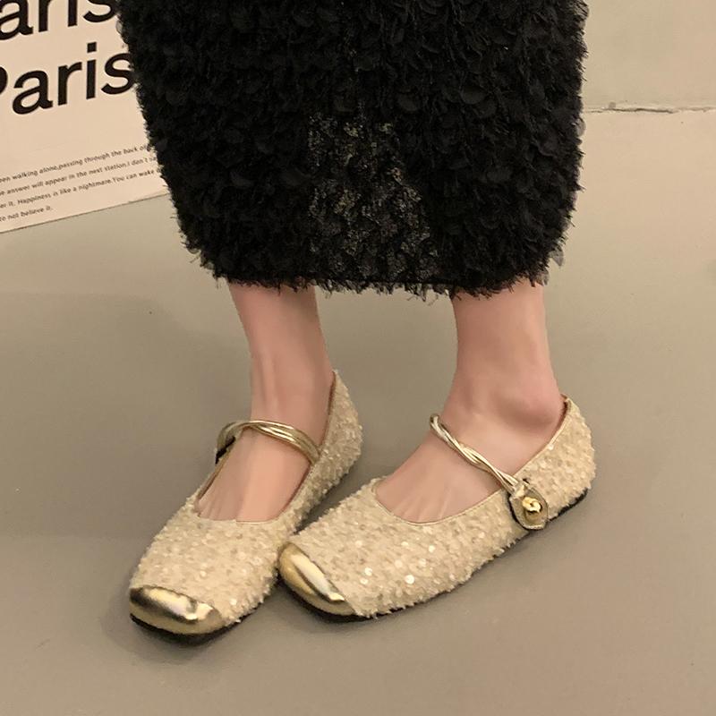 Moda 2024Bling Baleriny Damskie Kostiumowe Tweedowe Mary Jane Buty Baleriny z cekinami na wierzchu Damskie Buty