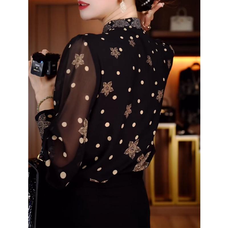 Women Fashion Polka Dot Print Blouse Office Lady Vintage Elegant Commute Button Shirt Stand Collar Long Sleeve Loose Tops