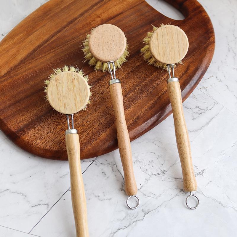 Long Handle Pot Brush Sisal Coconut Palm Cleaning Brush Beech Can Be Replaced Brush Head Washing Pot Brush Bowl Stove Oil-proof and Anti-fouling Brush