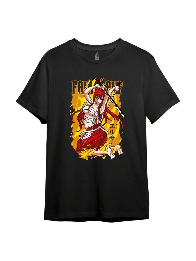 Fairy Tail Erza Scarlet Anime Damen Baumwoll-T-Shirt, Premium Baumwollqualität Druck, Langlebig und langlebig, Lässiger Modestil