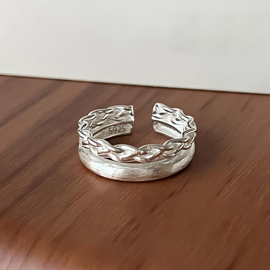 PANJBJ 925 Silver Frosting Geometry Ring for Women Wide Texture Versatile Handmade Ins Jewelry Gift