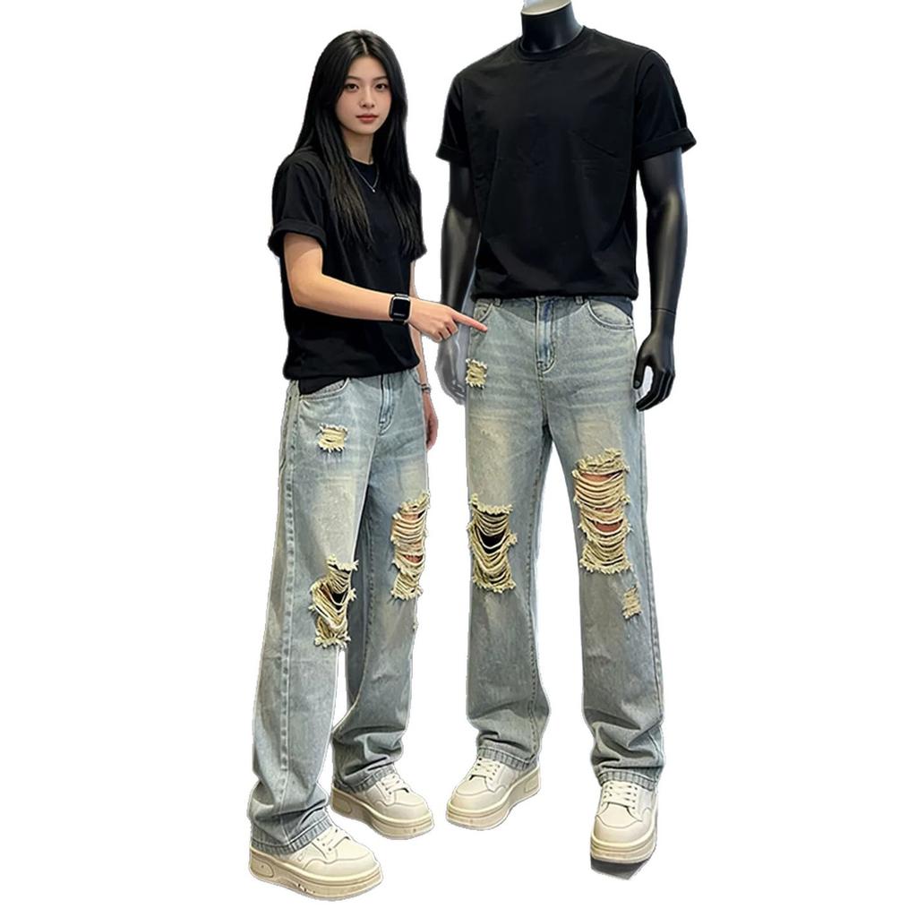American Retro Blue Ripped Jeans Men's Summer Ruffian Handsome Loose Casual Pants Cleanfit Straight Pants