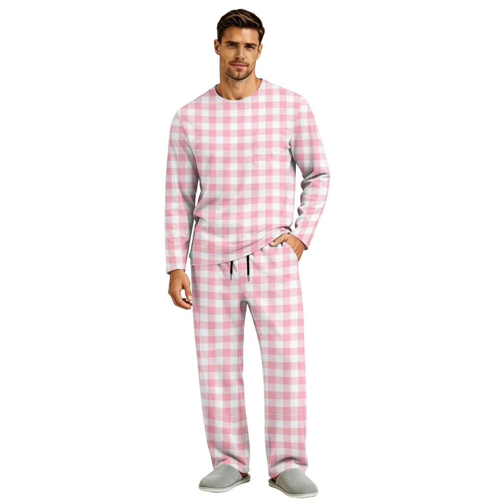 Men's Pajama Set Long Sleeve Top and Long Pants with Button Crotch and Elastic Drawstring Waist for Home Loungewear