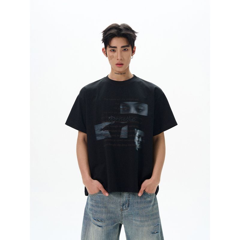 Kisko American Street Style Portrait Letter Print Trendy Brand Short-Sleeve T-Shirt for Men and Women, Summer Cool and Loose Versatile Top