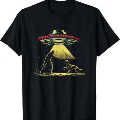 Man With Dog Alien Abduction UFO - Retro Conspiracies Lover T-Shirt