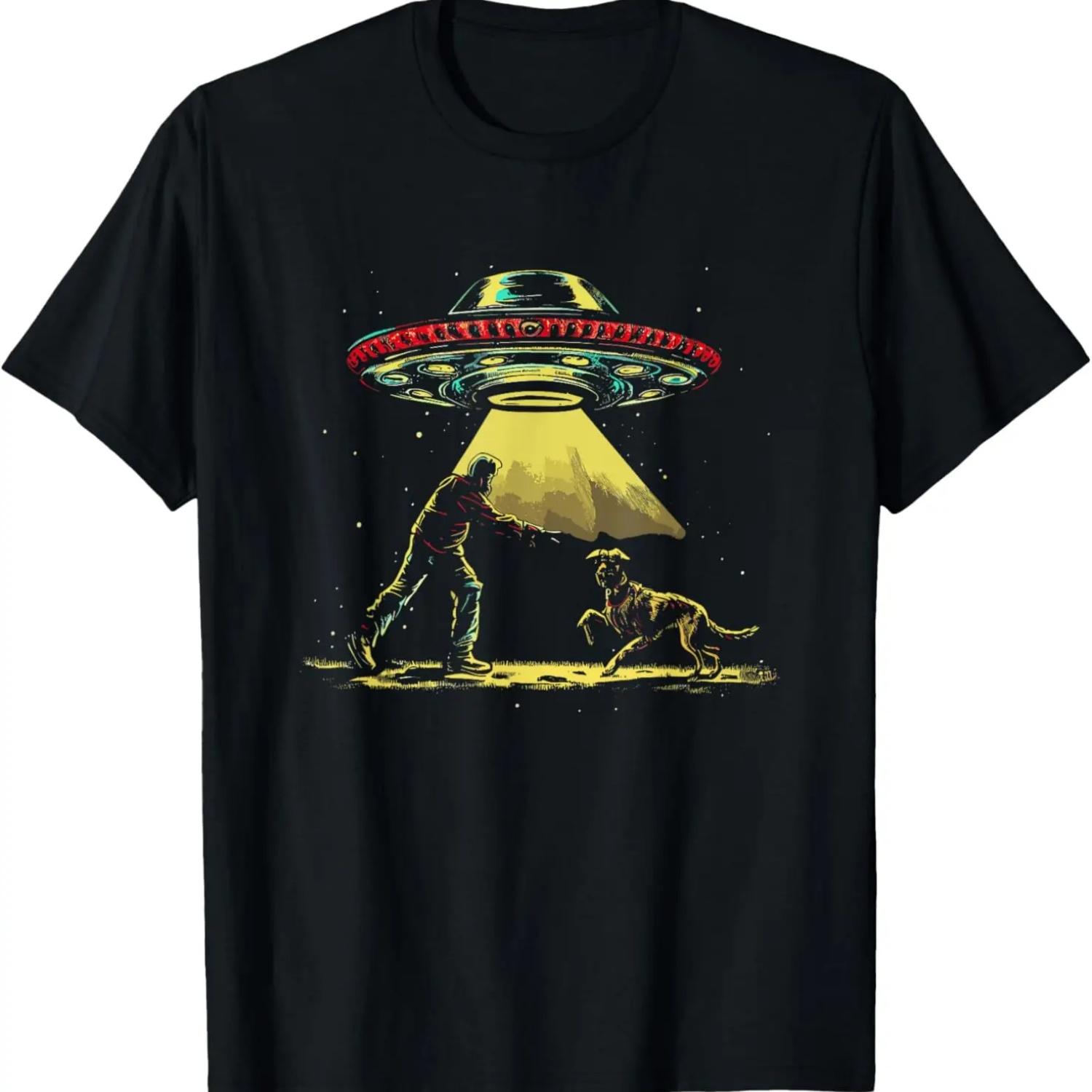 Man With Dog Alien Abduction UFO - Retro Conspiracies Lover T-Shirt S чёрный