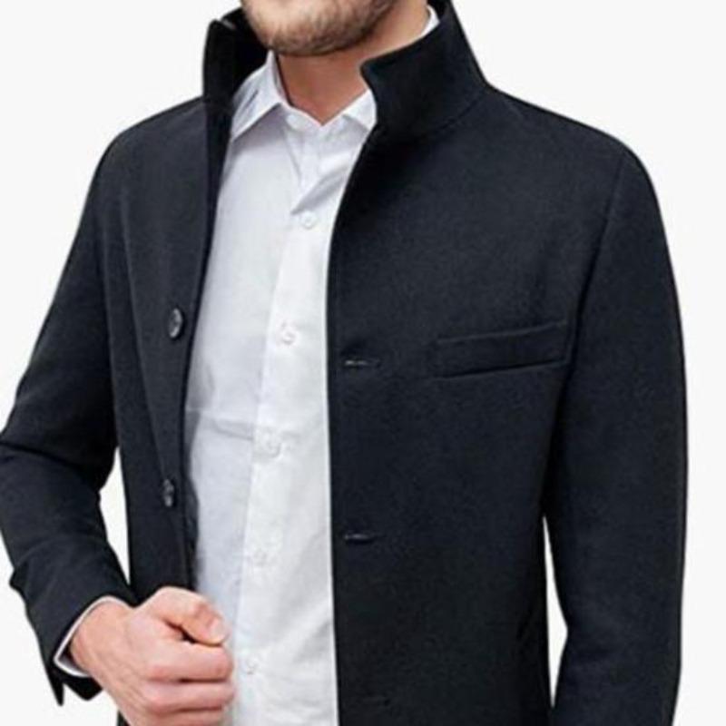 Men Stand Collar Long Sleeve Woolen Coat Single Breasted Pockets Mid-length Casual Windbreaker Outwear