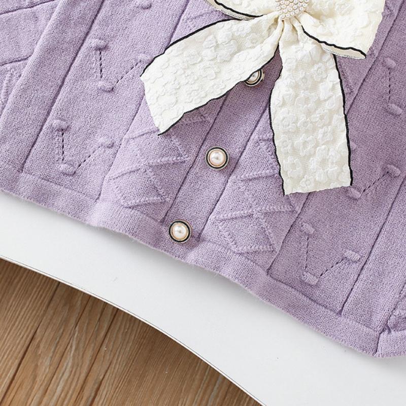 2025 New Autumn Korean Style Cape Knit Dress 2 Piece for Kids Clothing Set Bowknot Long Sleeve Dress Set