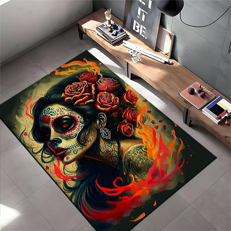 Day of the Dead Woman with Roses - Non-slip rug suitable for living room and bedroom sofas.