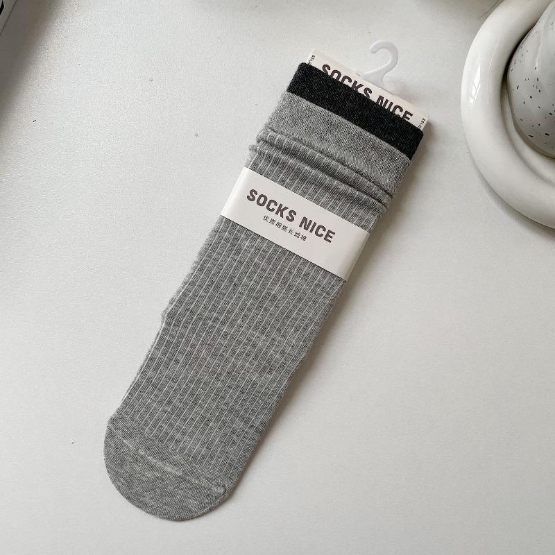 Spring and Autumn Children's Sock Set - Mid-length Double-cuffed Multi-color Plaid Socks, Gray Fake Two-piece Long Socks, Pure Cotton, Bone-free Socks