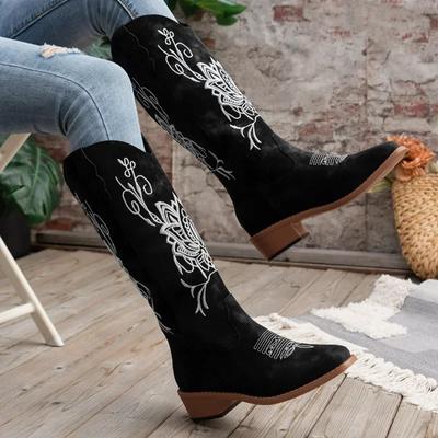 Stivali Western da Donna Ricamo Retro Tacchi Bassi Autunno Punta Appuntita Stivali Cowboy Donna Suede Nero Stivali da Cavaliere Taglia Forte 43