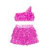 Girls Dance Performance Outfit Shiny Sequins Tiered Ruffles Sleeveless Metallic One Shoulder Vest with Skirted Shorts