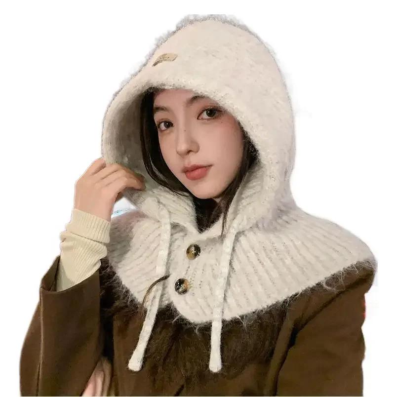 Women's Autumn Winter New Knit Hat With Scarf Collar Warm and Stylish Polar Fleece Beanie Hat For Outdoor Activities