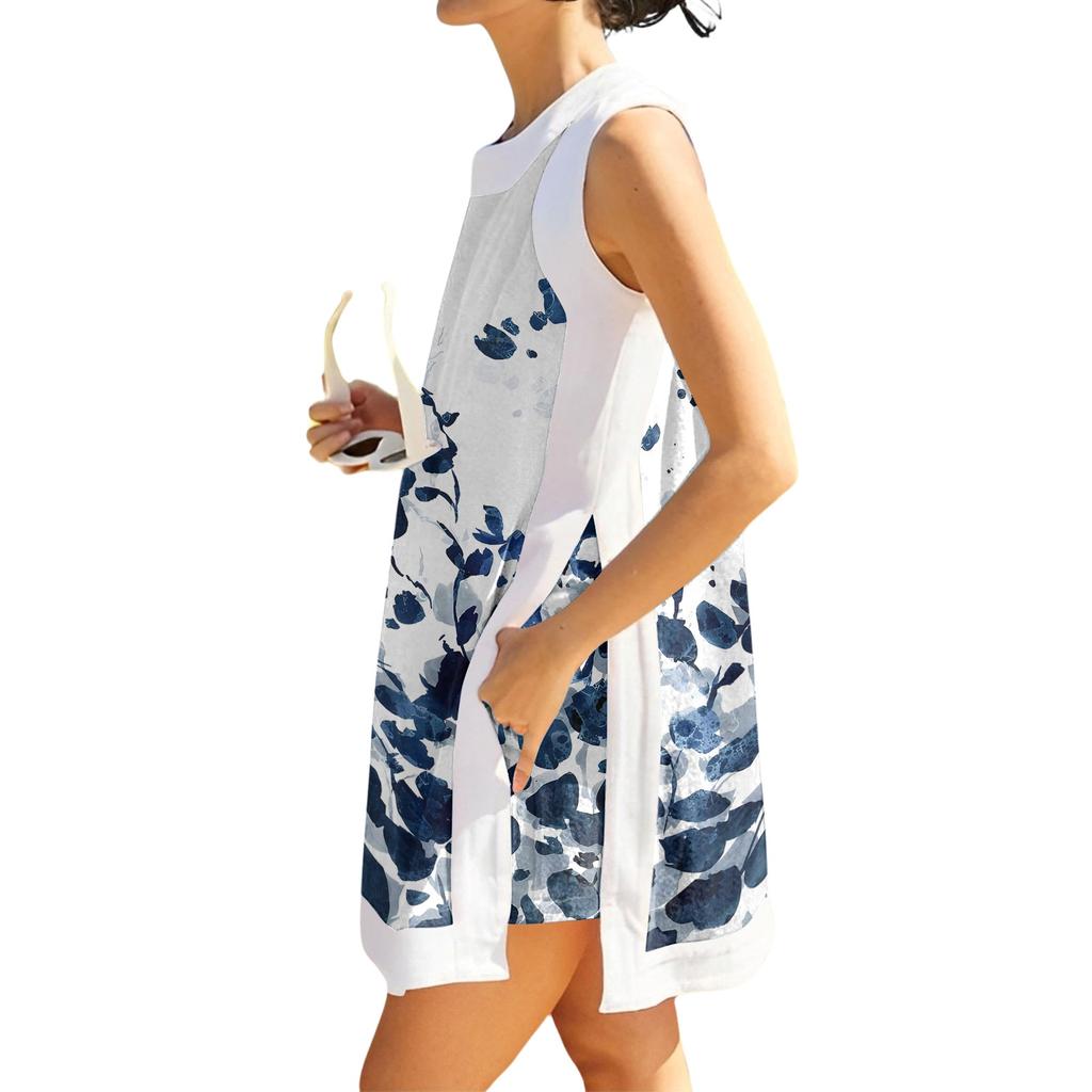 Women Sleeveless Long Tunic Top Floral Print Casual Summer Beach Cover Up Lightweight Breathable Relaxed Fit Dress