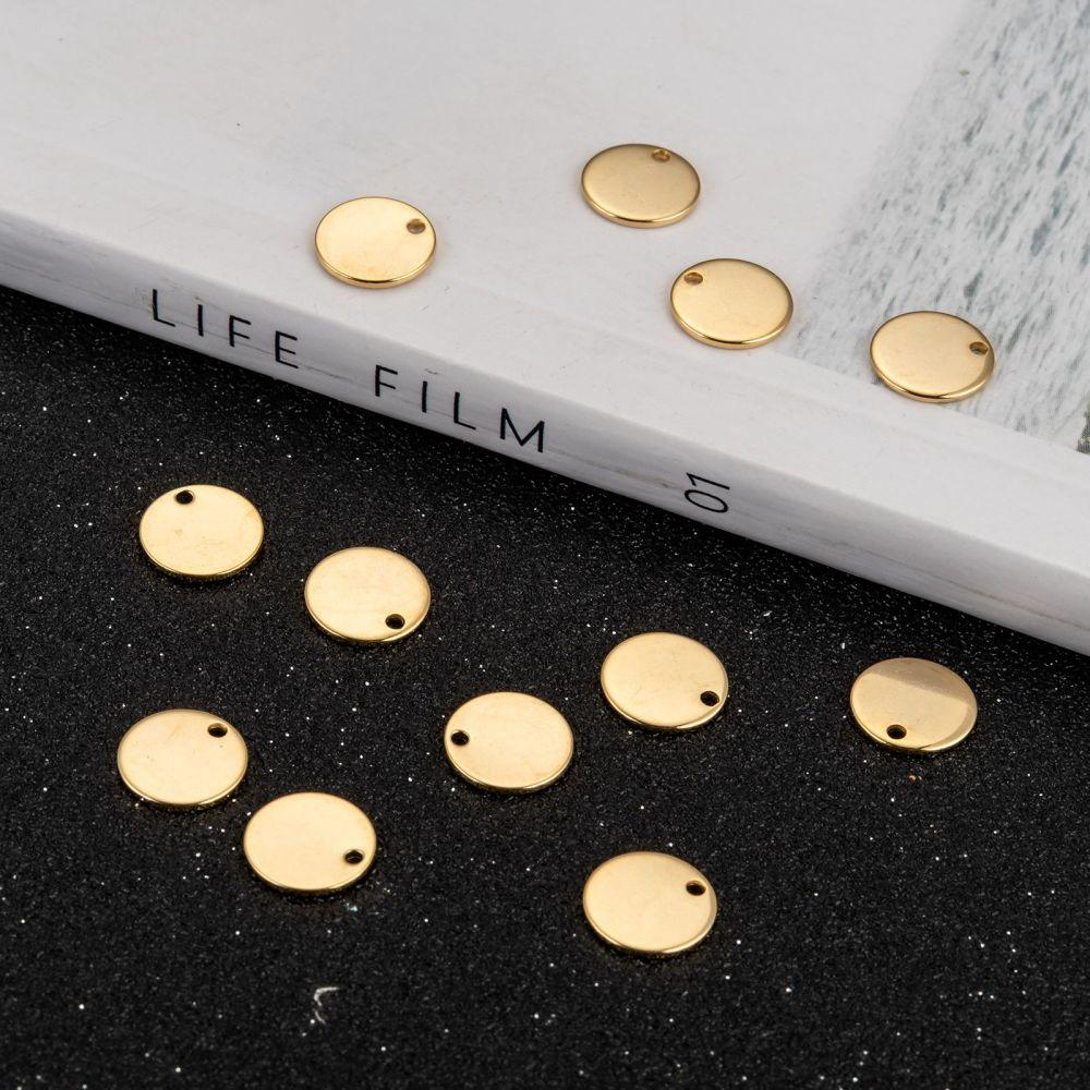 100pcs Ion Plating(IP) 304 Stainless Steel Charms Blank Stamping Tag Flat Round Real 18K Gold Plated 10x1mm Hole: 1.2~1.5mm