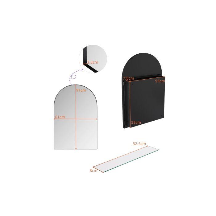 Meuble De Salle De Bain Élégant Avec Portes Miroir Incurvées, Armoire Murale À Cadre Métallique, Noir.