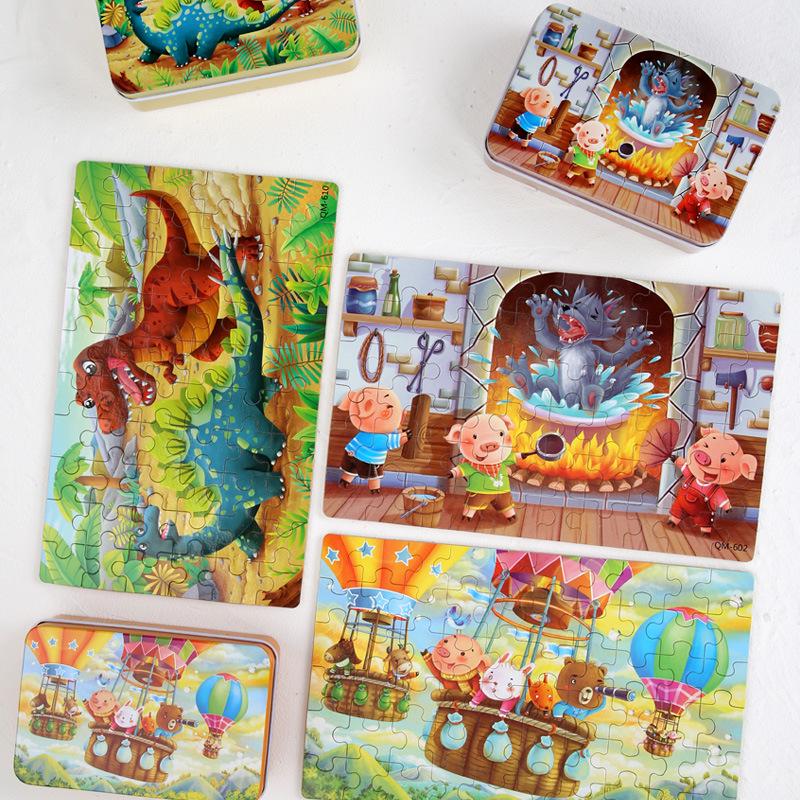 60-Piece Children's Wooden Jigsaw Puzzle with Tin Box – Educational Toy for Kindergarten