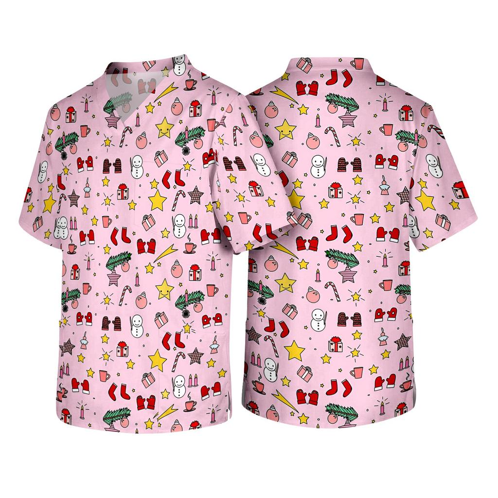 Men's Christmas Themed Holiday Caregiver Uniform for Work in Hospitals and Clinics