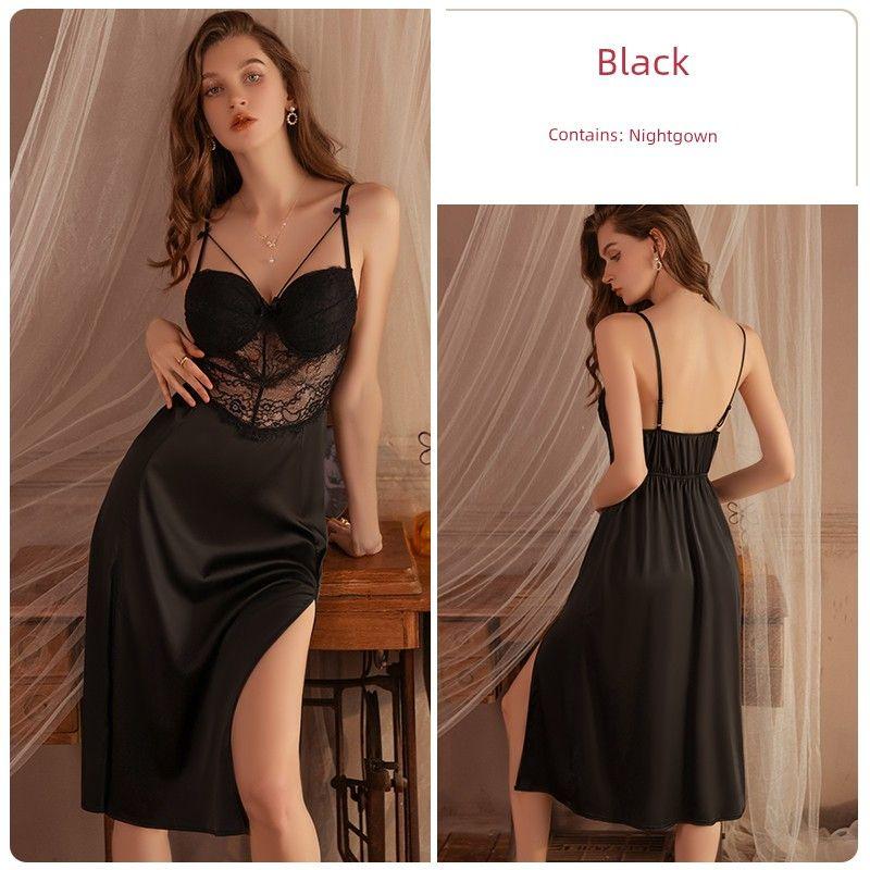 Good Morning with You: French Sexy Lace Long Slip Nightdress Split Pure Desire with Chest Pad Small Chest Pajamas Push Up