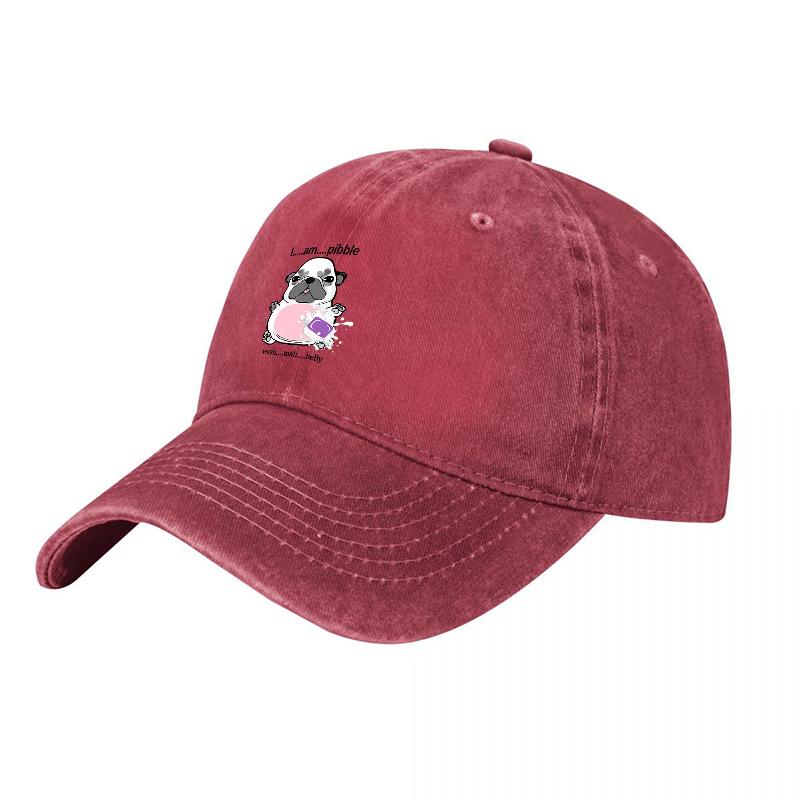 Pug Dog Patch Design Washed Cotton Baseball Cap Classic Black Adjustable Hat for Unisex and Women Casual Streetwear Style