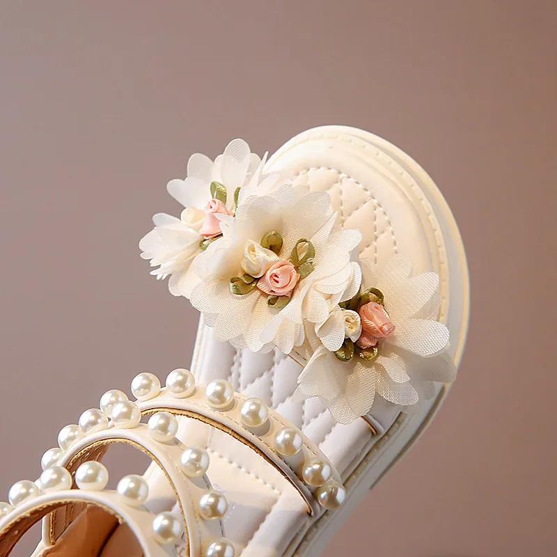 Girls' Sandals 2024 Summer New Flower Fairy Style Princess Shoes for party wedding show Fashion Soft Sole Elegant Beach Shoes