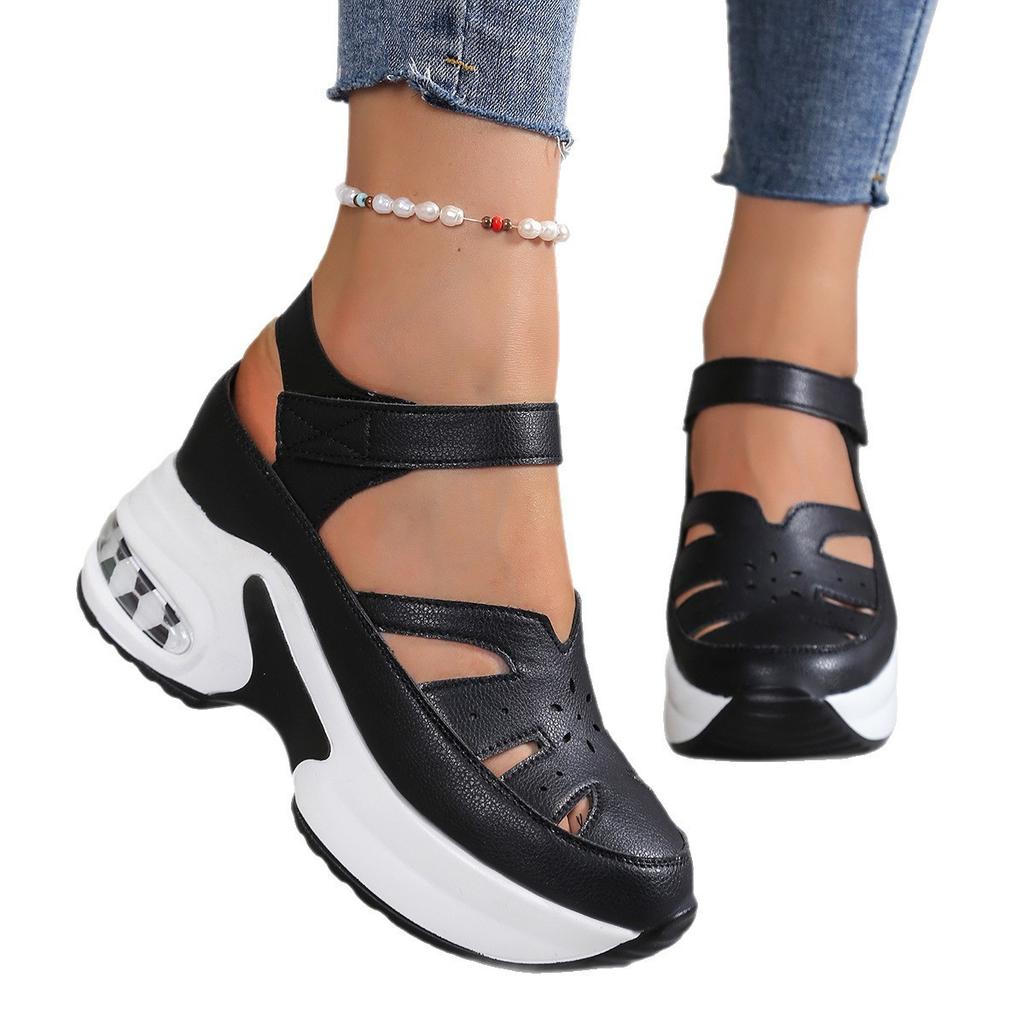 Wedge Heel Sandals Summer Bag Head Air Cushion Thick Sole Heightening Velcro Hollow Sandals Large Size