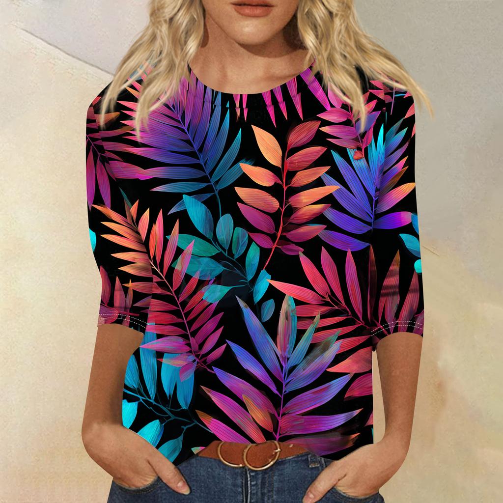 Women's Fashionable Casual Round Neck Three-quarter Sleeve Hawaiian Print T-shirt Top