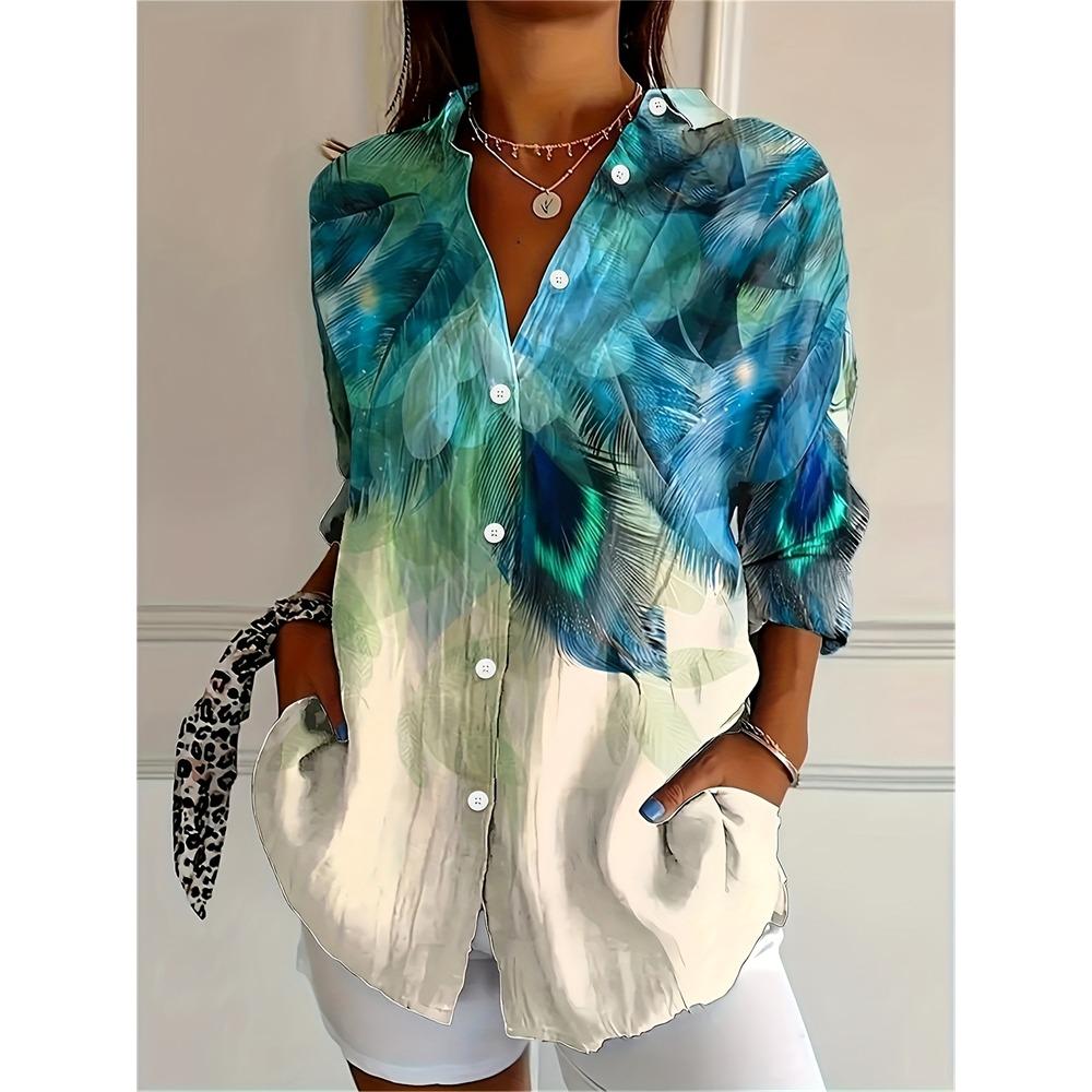 Camisa de mujer ajustada con botones, estilo casual, con estampado de flores de anacardo, ideal para uso diario. Camisa de solapa de talla grande.