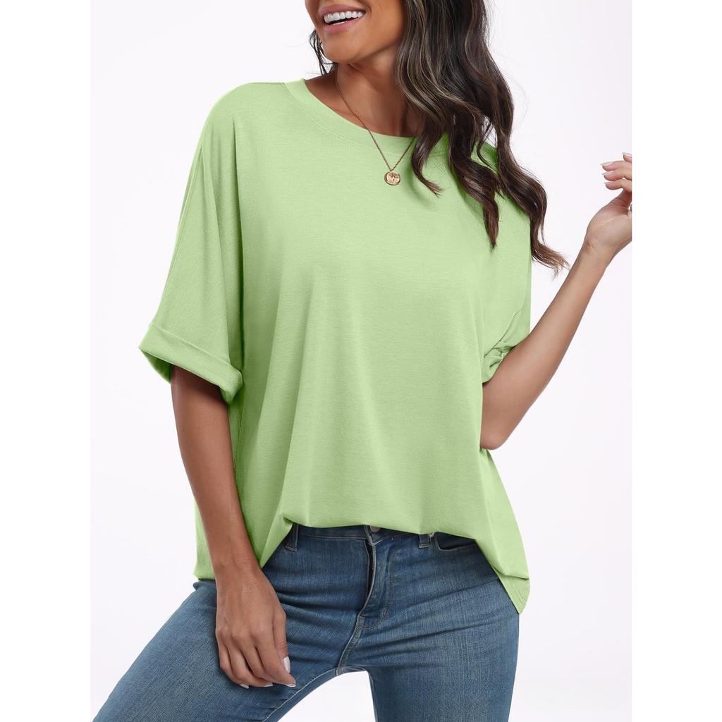 Women's Crew Neck Short Sleeve Loose Fit Tunic Top Solid Color Casual Tee Blouse