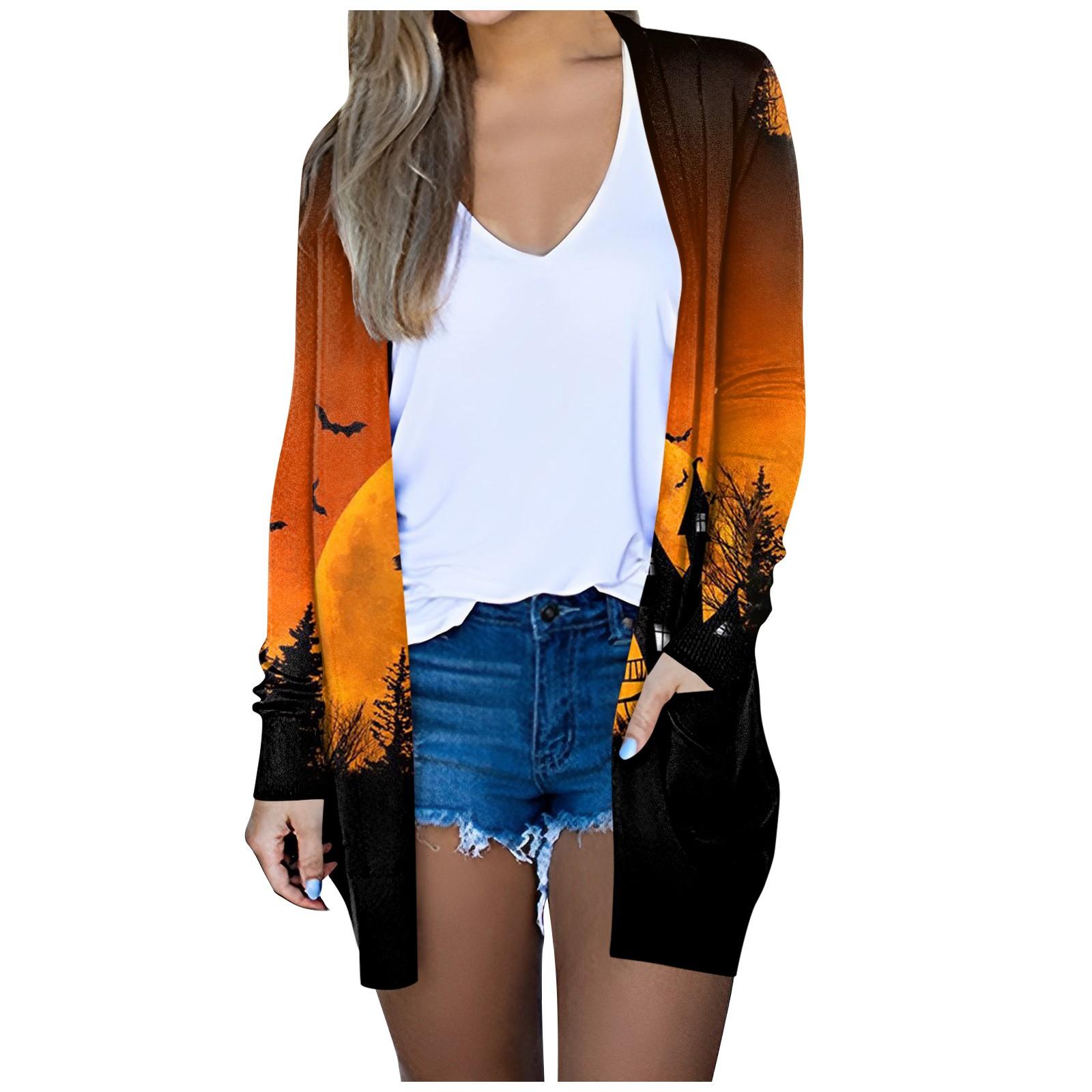 

Женская мода свободный повседневный карман Хэллоуин принт длинный рукав кардиган куртка топы L