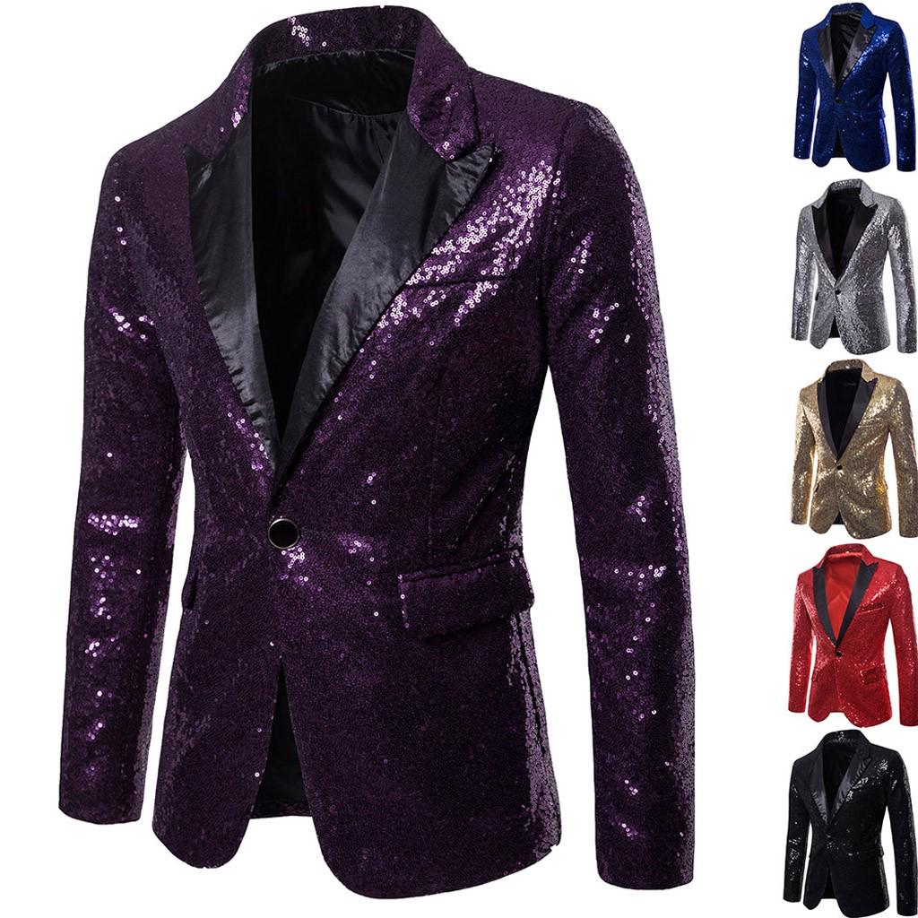 Charm Men's Casual One Button  Fit Suit  Coat Jacket Sequin Party Top