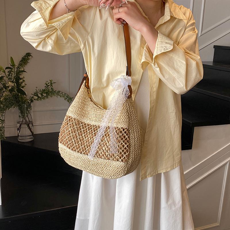 Yogodlns Women Hollow Shoulder Bag Large Capacity Straw Weaving Travel Handbag Adjustable Strap Shopper Tote Bag