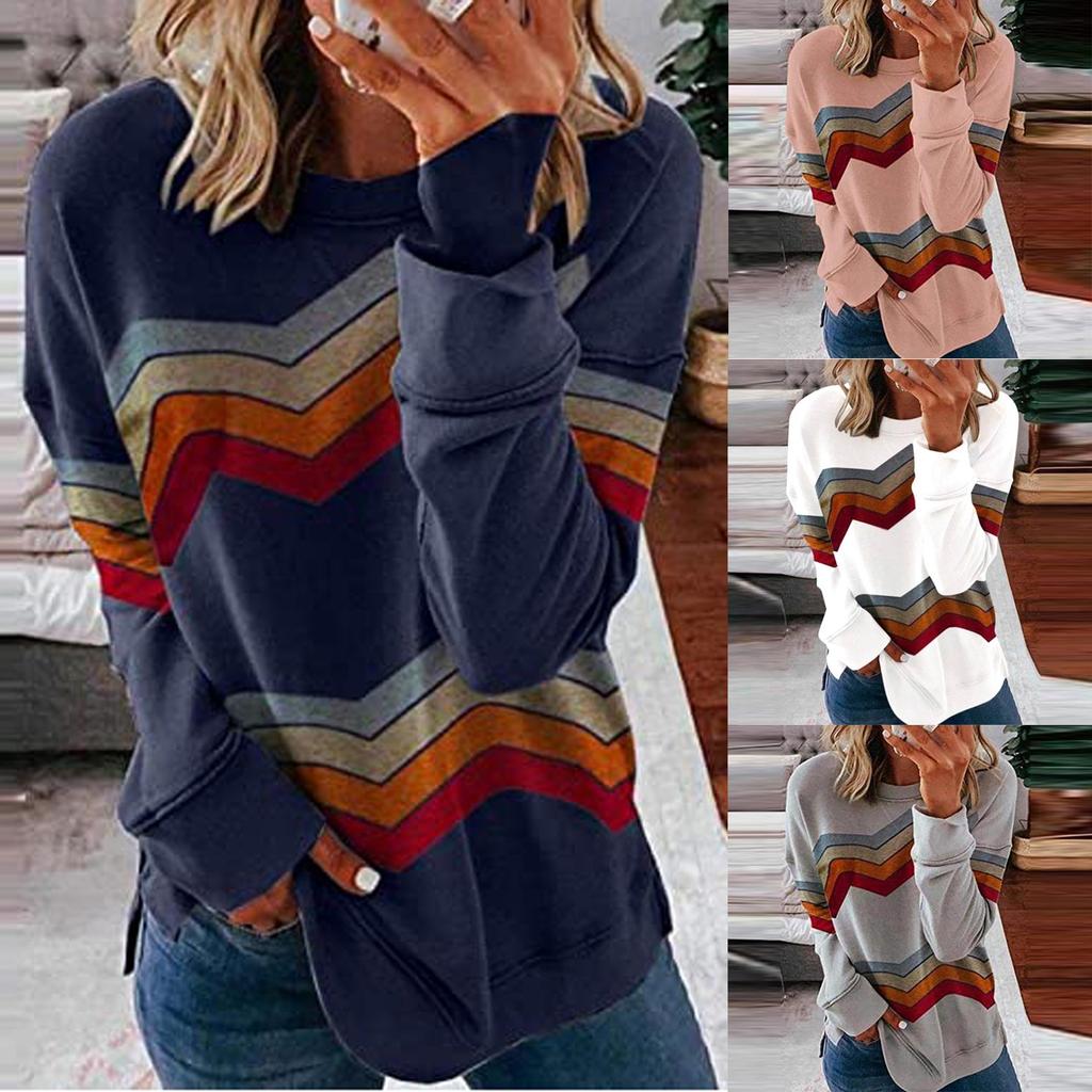 Women's Casual Long Sleeve Stripe Print Color Matching T Shirt Slim Top
