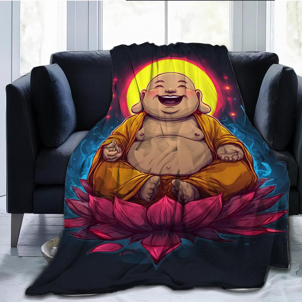 Smiling Buddha statue pattern Flannel printed blanket suitable for all seasons suitable for living room office sofa and travel