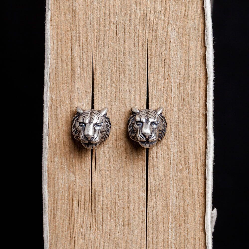 New Creative Punk Three-dimensional Tiger 925 Sterling Silver Jewelry Domineering King Of The Forest Animal Earrings TYB630