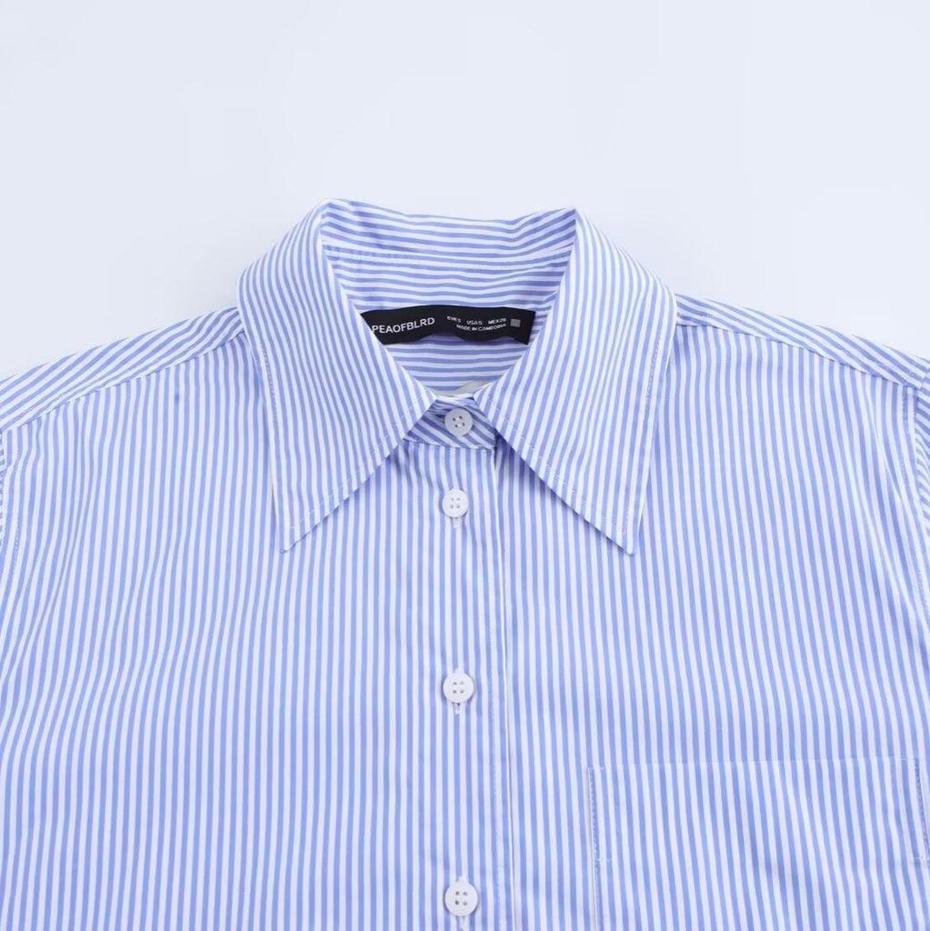 2025 Spring/Autumn Floral Print Blue Striped Loose Fit Long Sleeve Shirt with Turn-Down Collar
